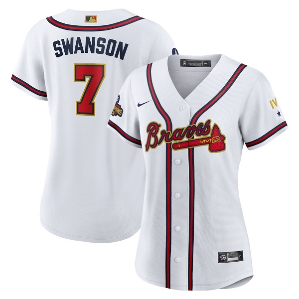 Women's Atlanta Braves #7 Dansby Swanson 2022 White/Gold World Series Champions Program Stitched Jersey(Run Small)